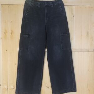 American Eagle High-Rise Baggy Wide Leg Black Denim Cargo Pants